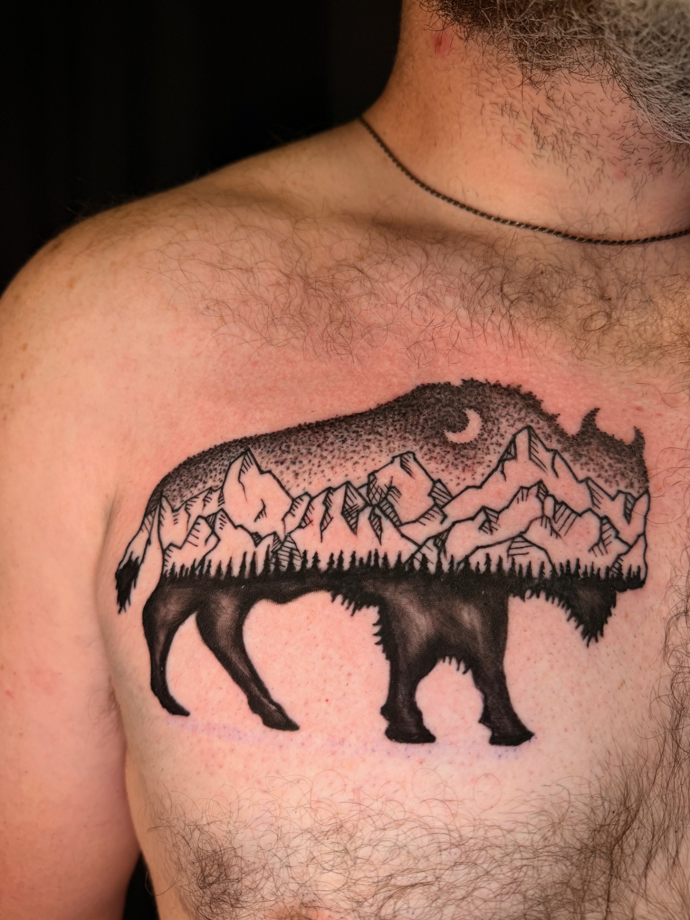 Black and grey bison silhouette chest tattoo with mountain landscape, pine forest and dotwork sky