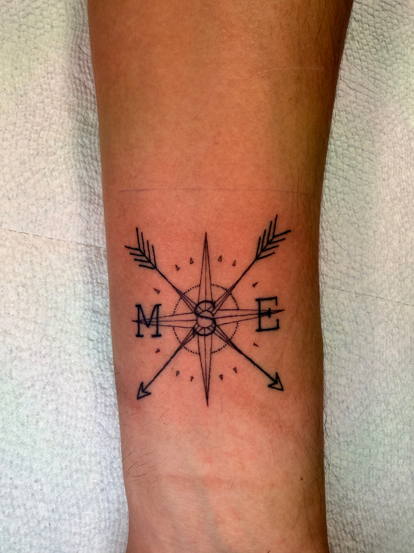 Fine line compass with arrows and MSE initials forearm tattoo