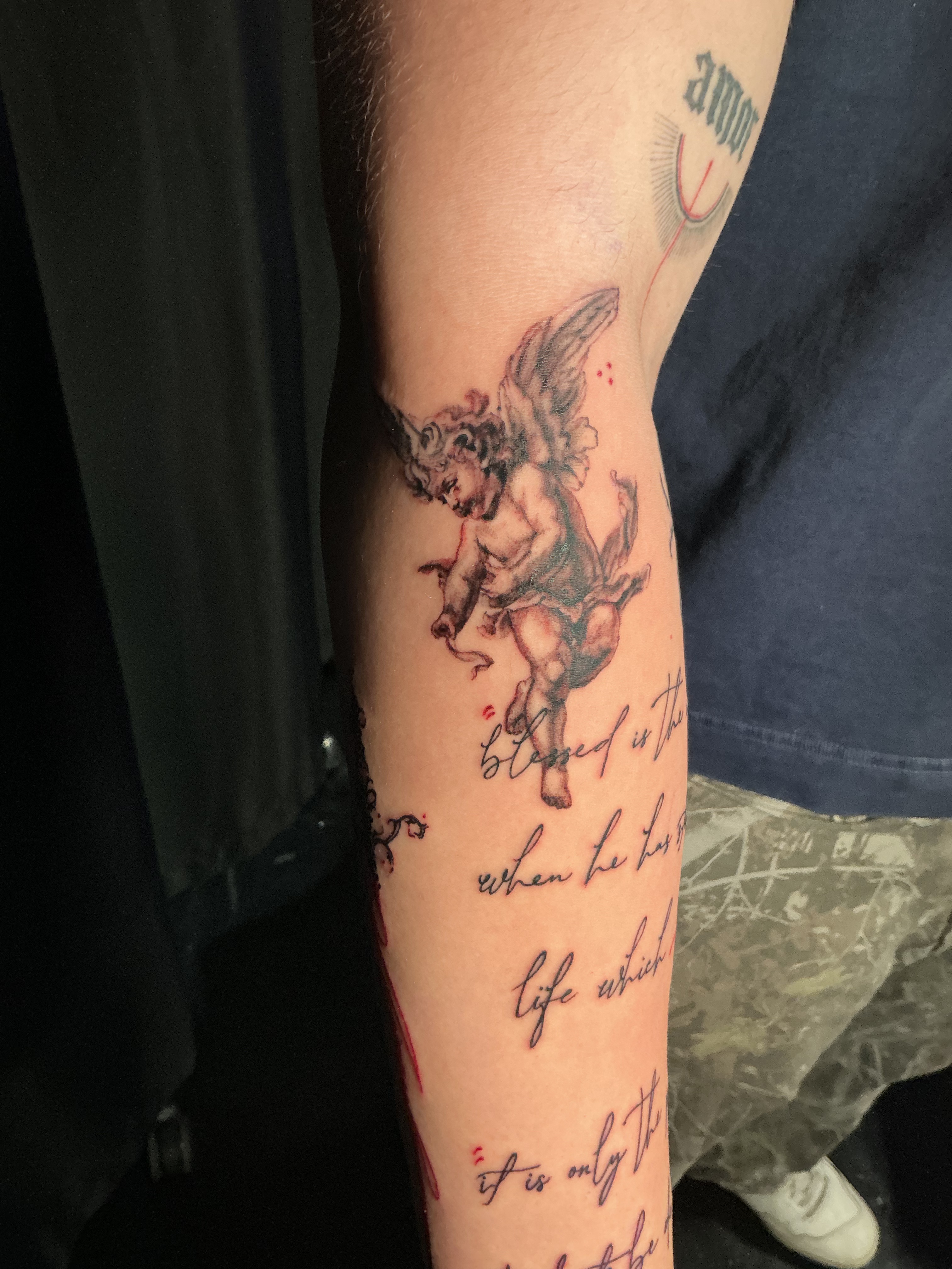 Fine line script forearm tattoo