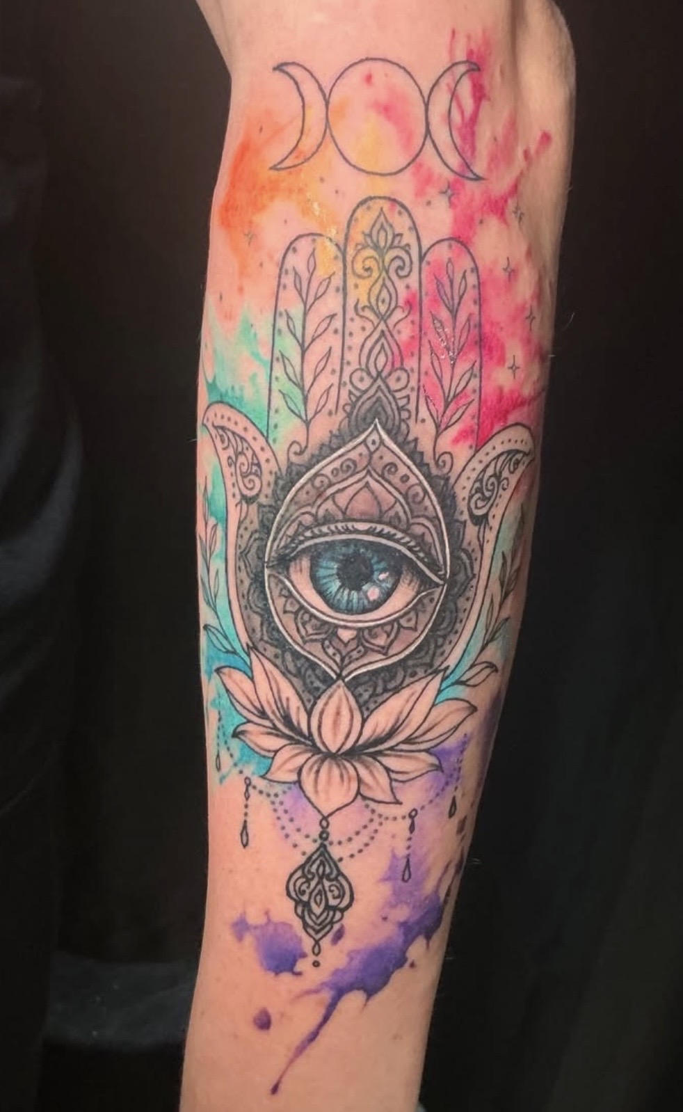 Watercolor hamsa hand with eye and lotus forearm tattoo