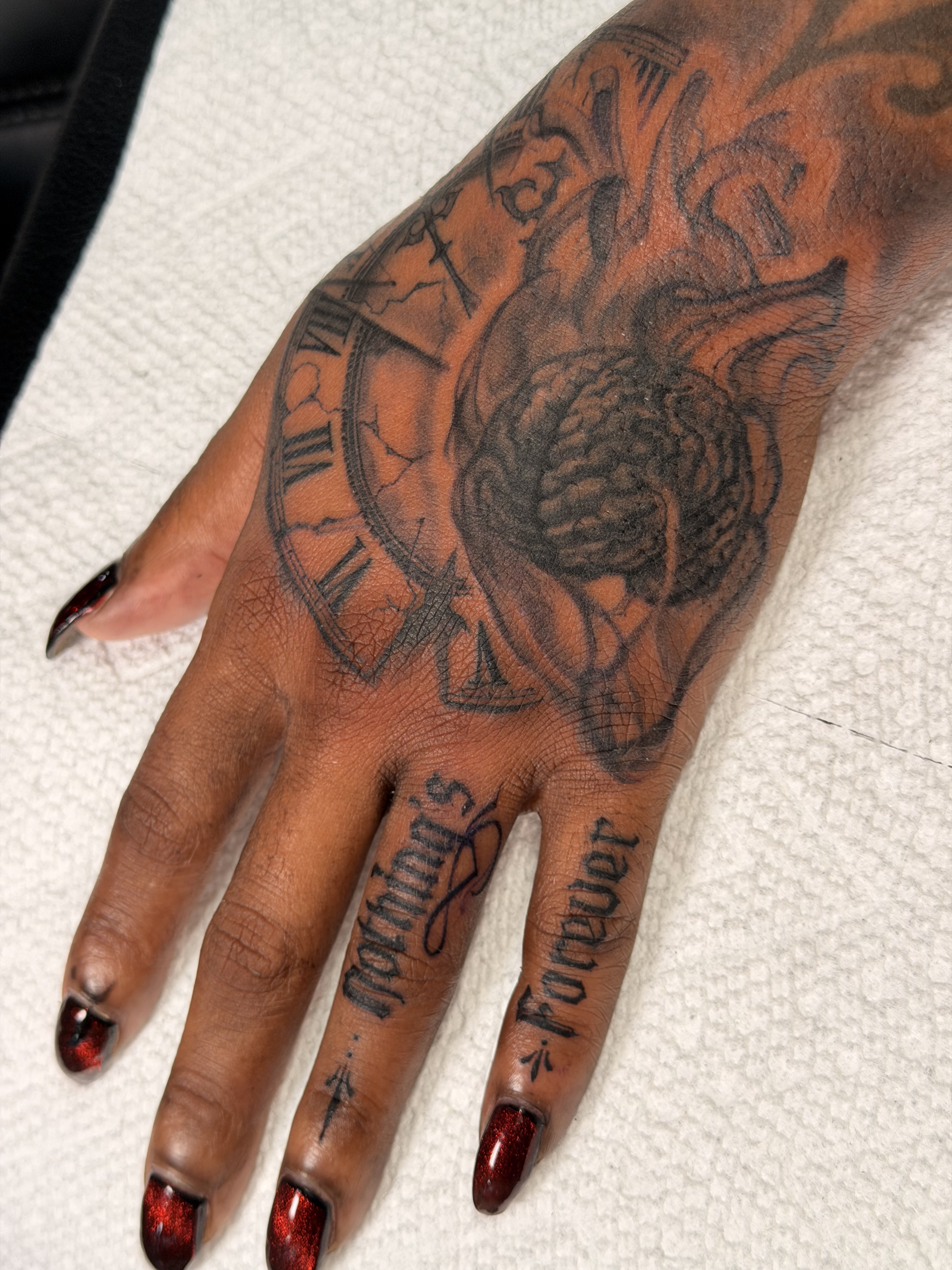 Large black and grey shoulder tattoo