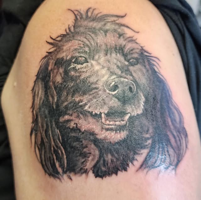 Realistic black and grey dog portrait tattoo